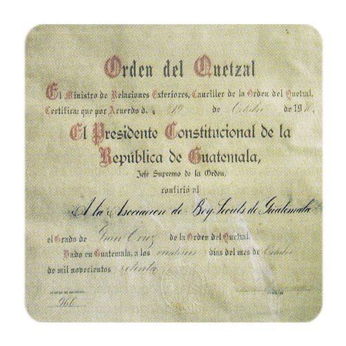 Imagen del certificado de la Orden del Quetzal otrorgado a Scouts de Guatemal